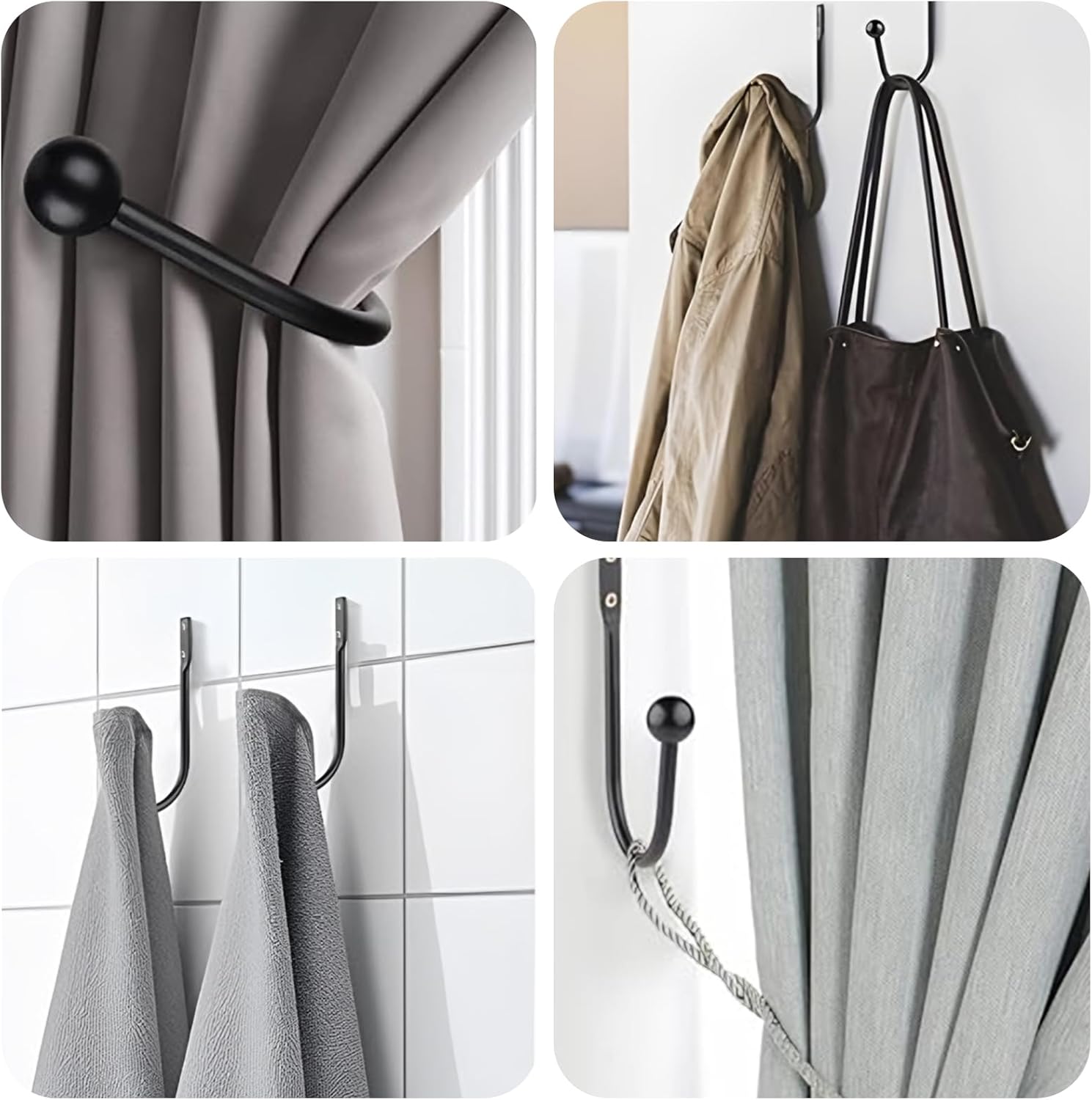 6 Pcs Curtain Holdbacks Curtain Tiebacks, U Shaped Curtain Hooks Wall Mount Window Curtain Holder (Black) - Image 6