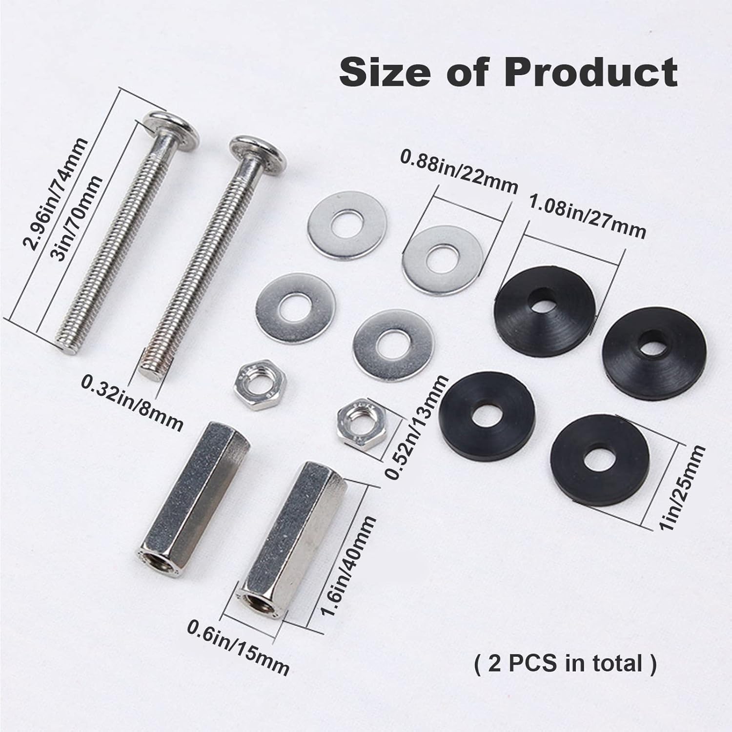Toilet Tank to Bowl Bolt Kits, 2 Pack Toilet Bolt Kit for Tank Heavy Duty Washers and Round Cover Caps with Extra Long Nut Screw (Silver) - Image 2