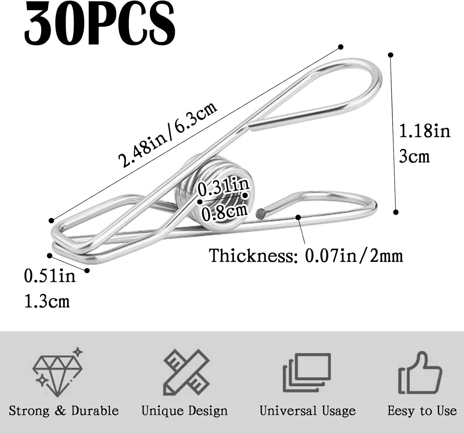30 PCS Clothes Pins for Laundry Clips, 2.5 Inch Stainless Steel Clothespins for Outdoor, Clothes, Food Sealing and Photo - Image 2