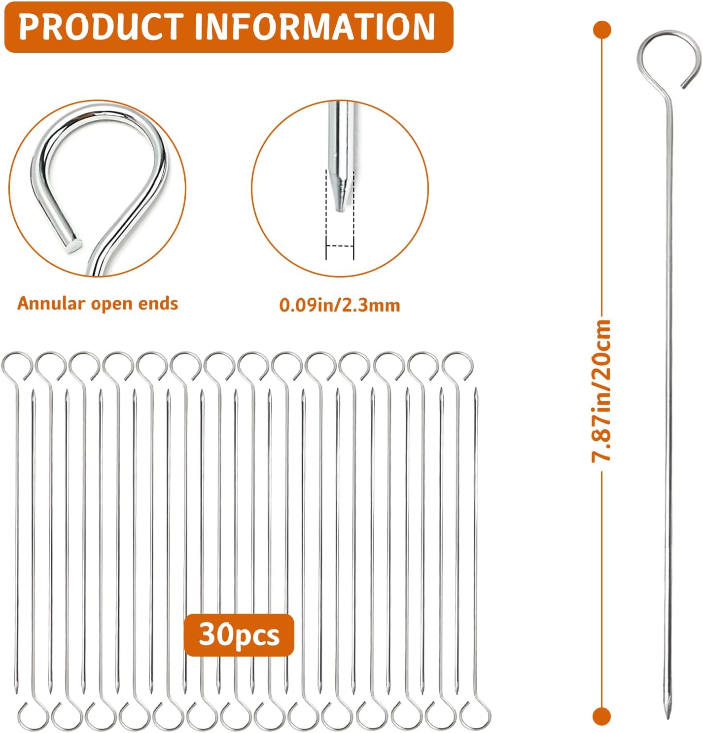 30 Pcs Kebab Skewers, 7.9 Inch Stainless Steel Barbeque Skewers with Ring-Tip Handle, Reusable BBQ Grilling Kabob Skewer for Chicken, Fruit, Vegetable, Meat - Image 2