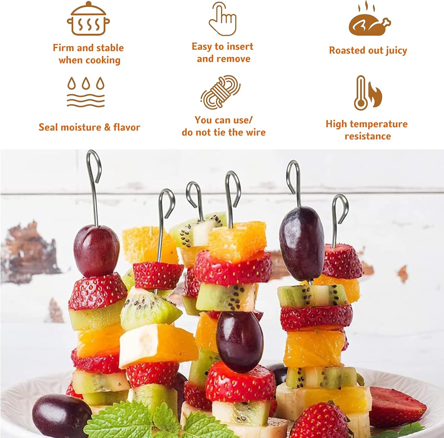 30 Pcs Kebab Skewers, 7.9 Inch Stainless Steel Barbeque Skewers with Ring-Tip Handle, Reusable BBQ Grilling Kabob Skewer for Chicken, Fruit, Vegetable, Meat - Image 4