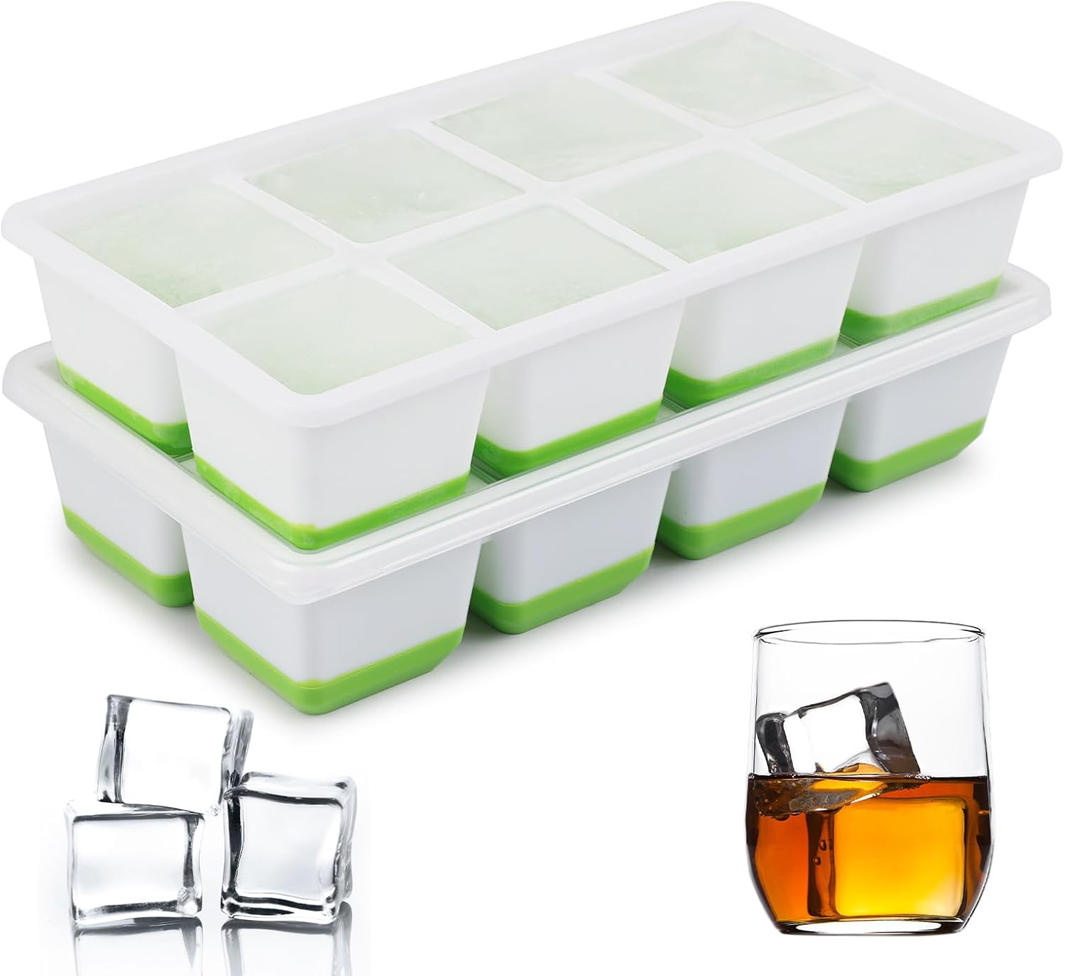 Ice Cube Tray, 2 Pack Large Ice Cube Molds with Lid, Reusable 8-Ice Cube Molds with Bottom Silicone for Freezer, Juices, Whiskey, Cocktails, Coffee (Green) - Image 1