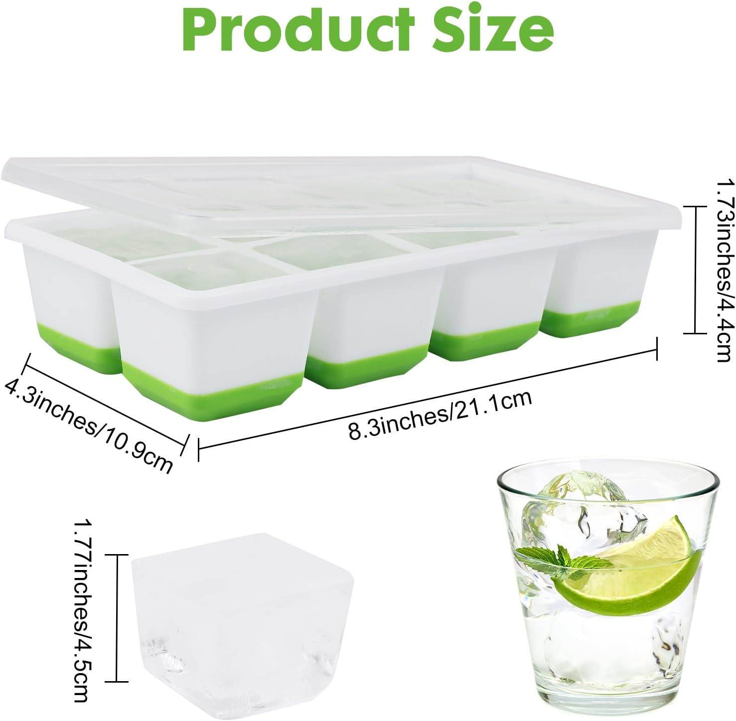 Ice Cube Tray, 2 Pack Large Ice Cube Molds with Lid, Reusable 8-Ice Cube Molds with Bottom Silicone for Freezer, Juices, Whiskey, Cocktails, Coffee (Green) - Image 2