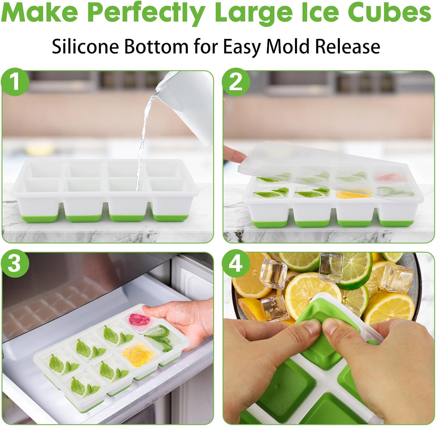 Ice Cube Tray, 2 Pack Large Ice Cube Molds with Lid, Reusable 8-Ice Cube Molds with Bottom Silicone for Freezer, Juices, Whiskey, Cocktails, Coffee (Green) - Image 3