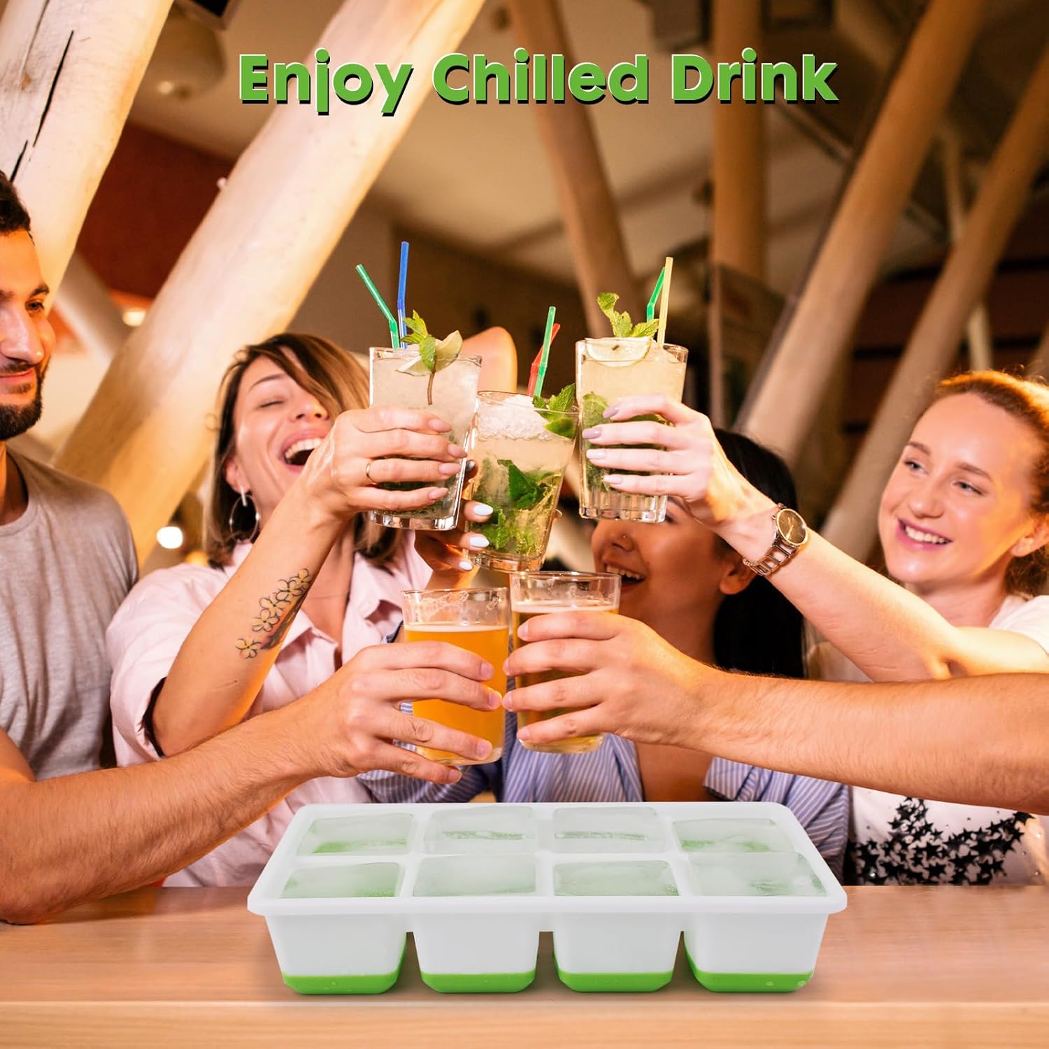 Ice Cube Tray, 2 Pack Large Ice Cube Molds with Lid, Reusable 8-Ice Cube Molds with Bottom Silicone for Freezer, Juices, Whiskey, Cocktails, Coffee (Green) - Image 6