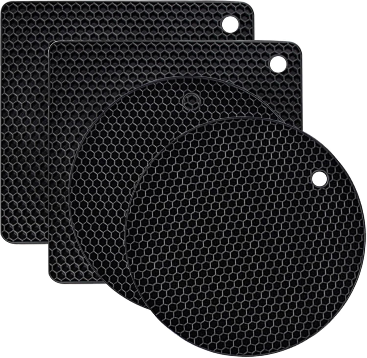 4 Pack Silicone Trivet Mats, Heat Resistant Pot Holders Non-Slip Hot Pads for Kitchen, Silicone Trivets for hot pots 2 Square and 2 Round Mats (Black) - Image 1