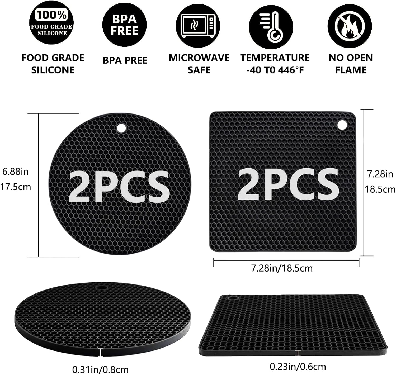 4 Pack Silicone Trivet Mats, Heat Resistant Pot Holders Non-Slip Hot Pads for Kitchen, Silicone Trivets for hot pots 2 Square and 2 Round Mats (Black) - Image 2