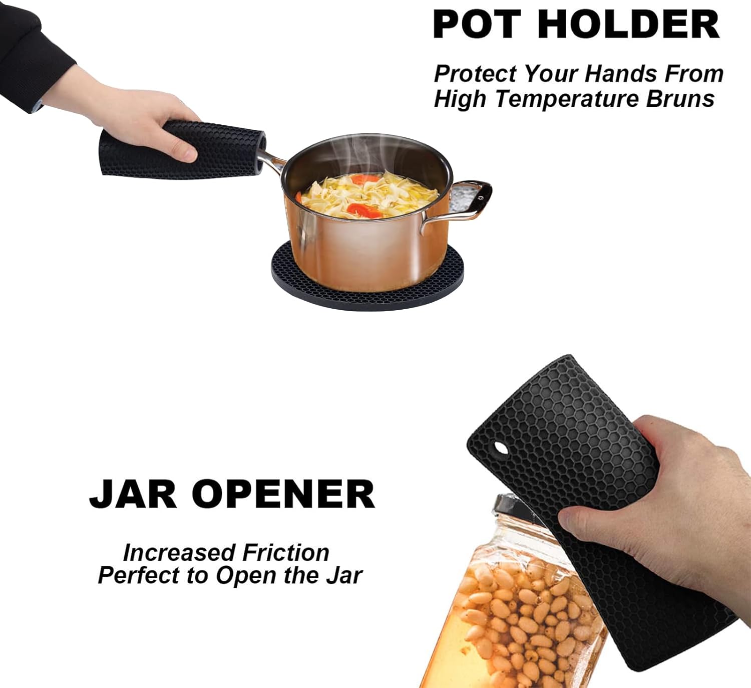 4 Pack Silicone Trivet Mats, Heat Resistant Pot Holders Non-Slip Hot Pads for Kitchen, Silicone Trivets for hot pots 2 Square and 2 Round Mats (Black) - Image 4