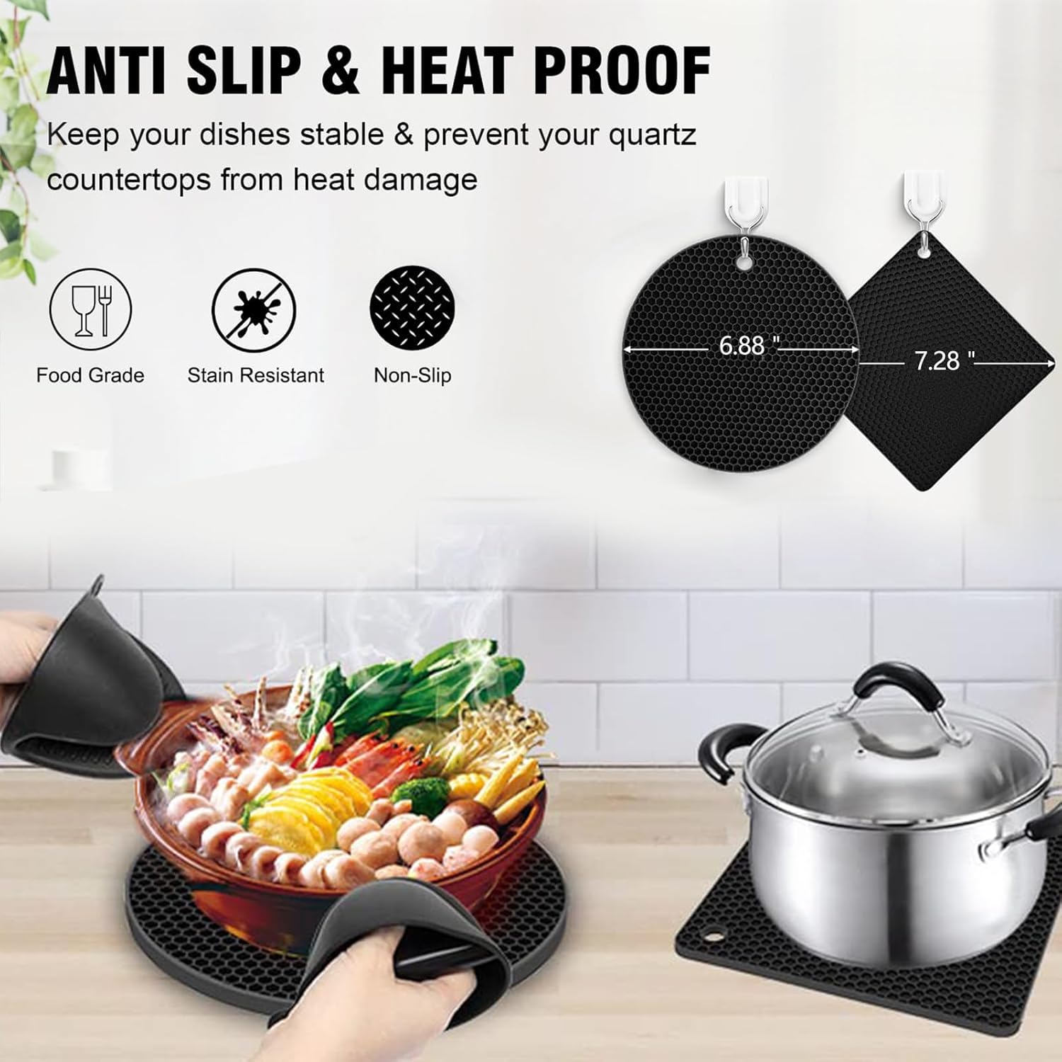 4 Pack Silicone Trivet Mats, Heat Resistant Pot Holders Non-Slip Hot Pads for Kitchen, Silicone Trivets for hot pots 2 Square and 2 Round Mats (Black) - Image 5