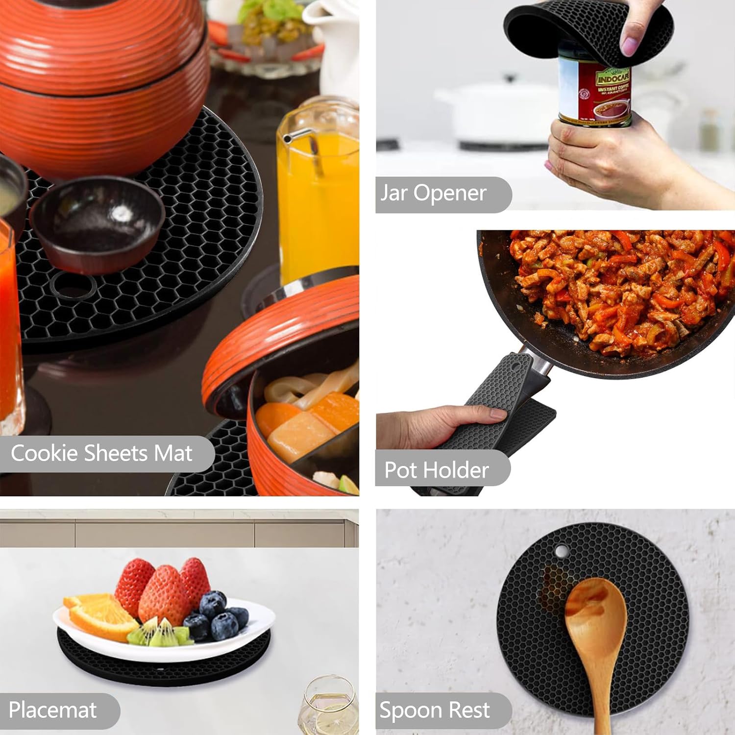 4 Pack Silicone Trivet Mats, Heat Resistant Pot Holders Non-Slip Hot Pads for Kitchen, Silicone Trivets for hot pots 2 Square and 2 Round Mats (Black) - Image 6