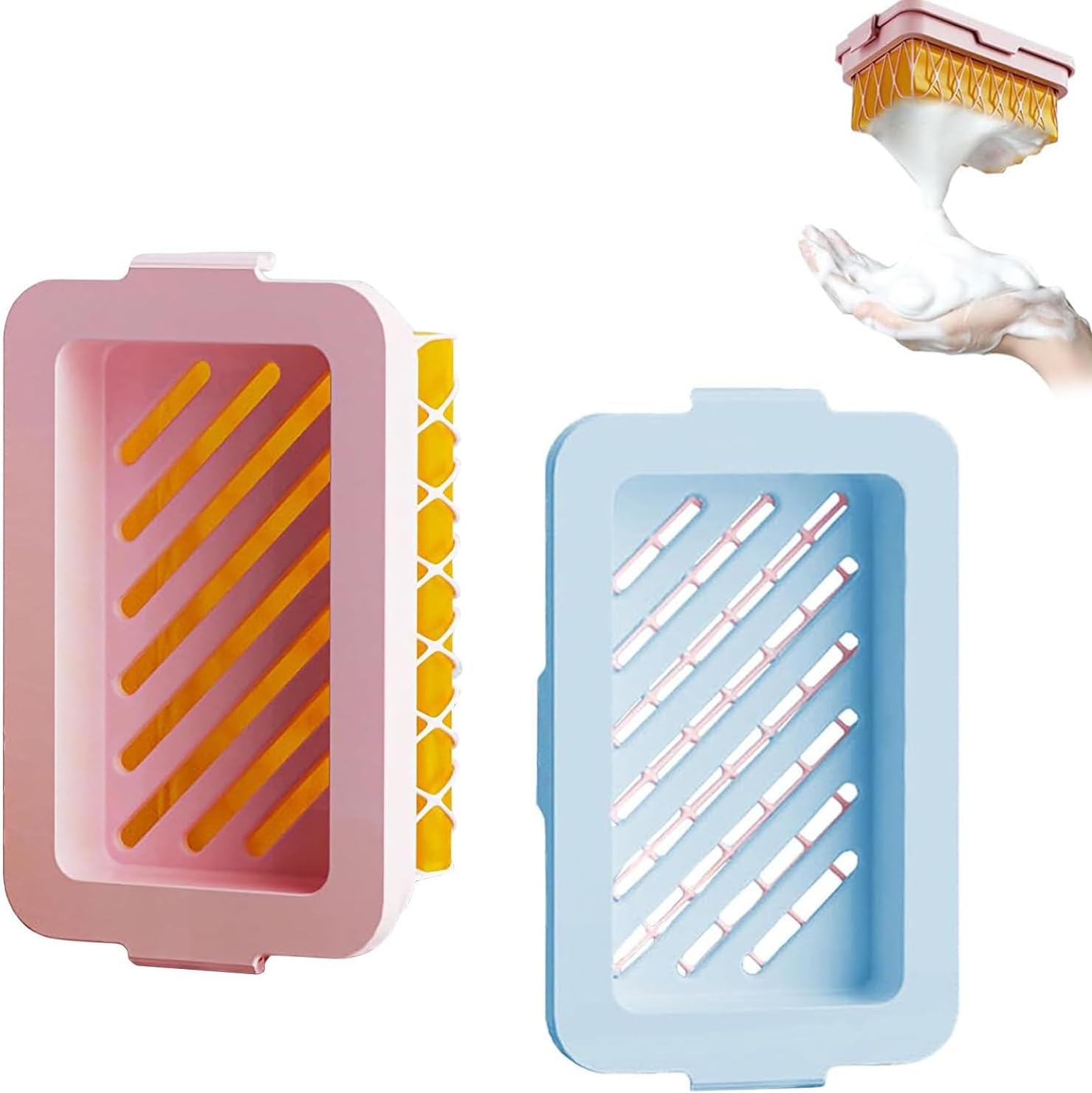 2 Pack Soap Holder Bar Soap Dish with Drain, Non-Slip Soap Box with Fixed Soap Net for Bathroom Gym (Pink, Blue) - Image 1