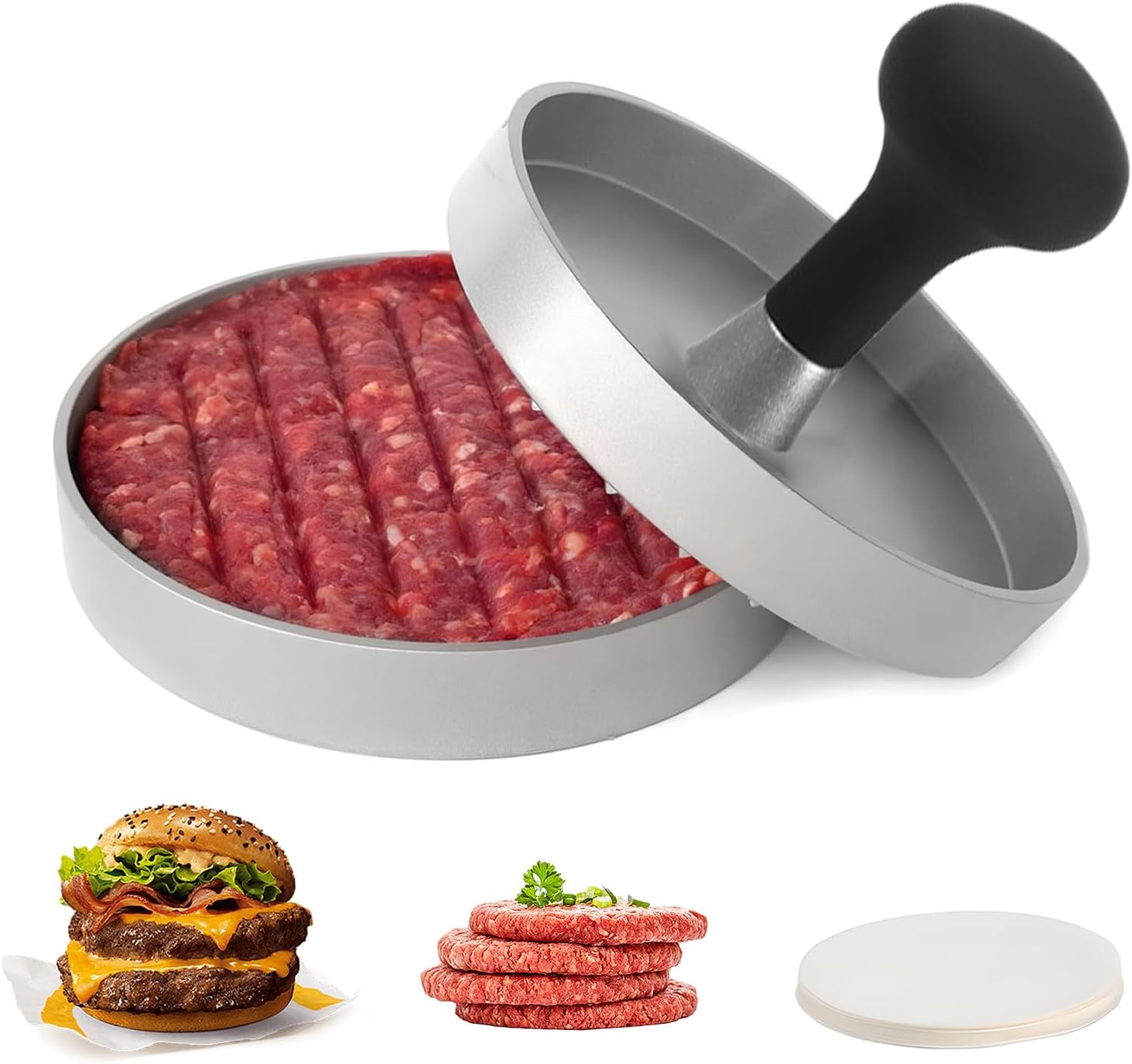 Hamburger Press Patty Maker, 4.6 in Food Grade Aluminum Burger Press, Non-Stick, with 100 Pcs Wax Paper, for Grilling and Cooking - Image 1