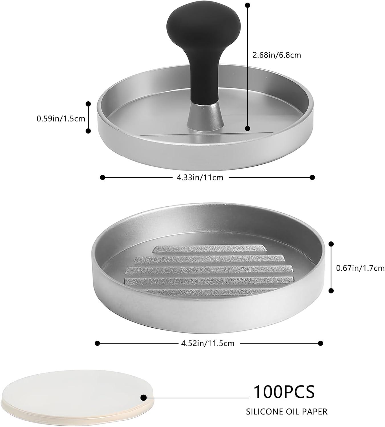 Hamburger Press Patty Maker, 4.6 in Food Grade Aluminum Burger Press, Non-Stick, with 100 Pcs Wax Paper, for Grilling and Cooking - Image 2