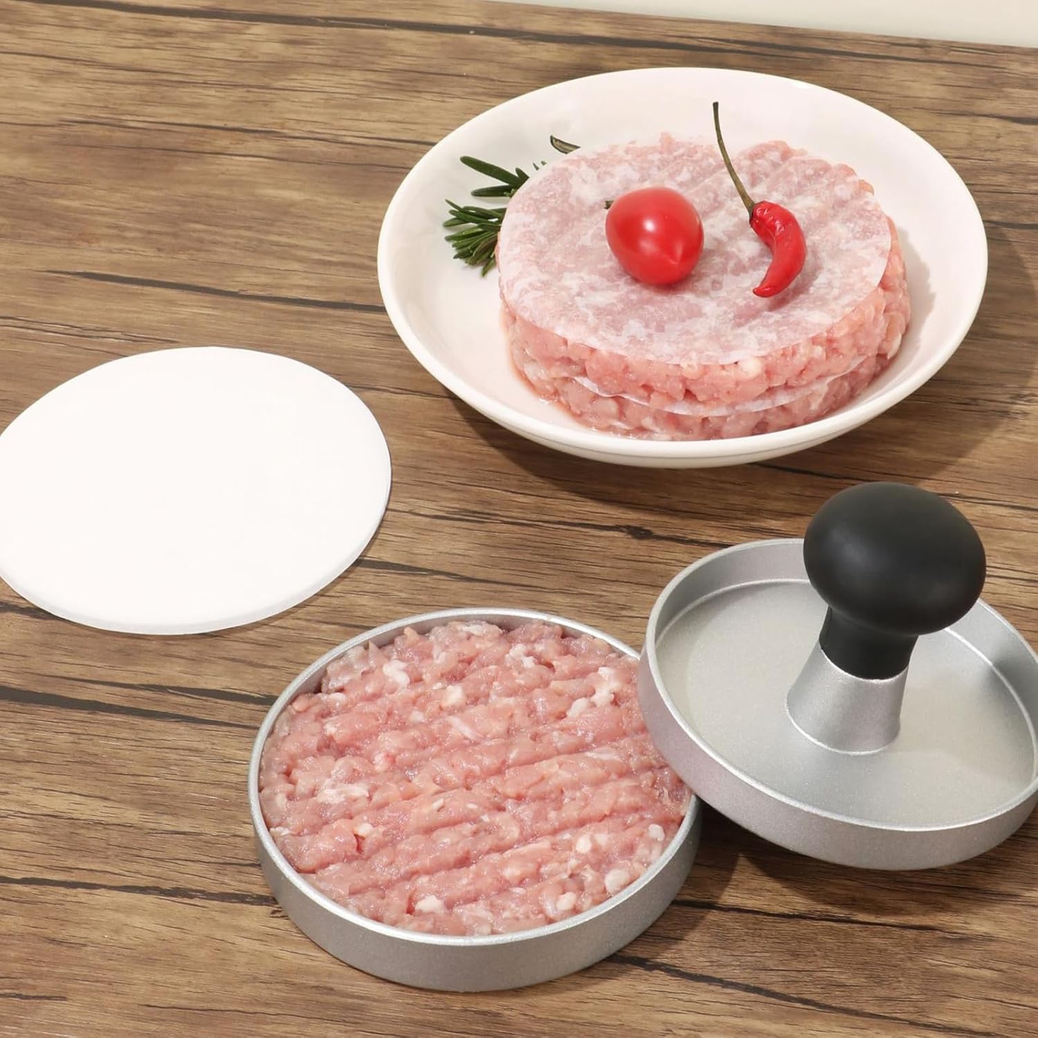 Hamburger Press Patty Maker, 4.6 in Food Grade Aluminum Burger Press, Non-Stick, with 100 Pcs Wax Paper, for Grilling and Cooking - Image 5