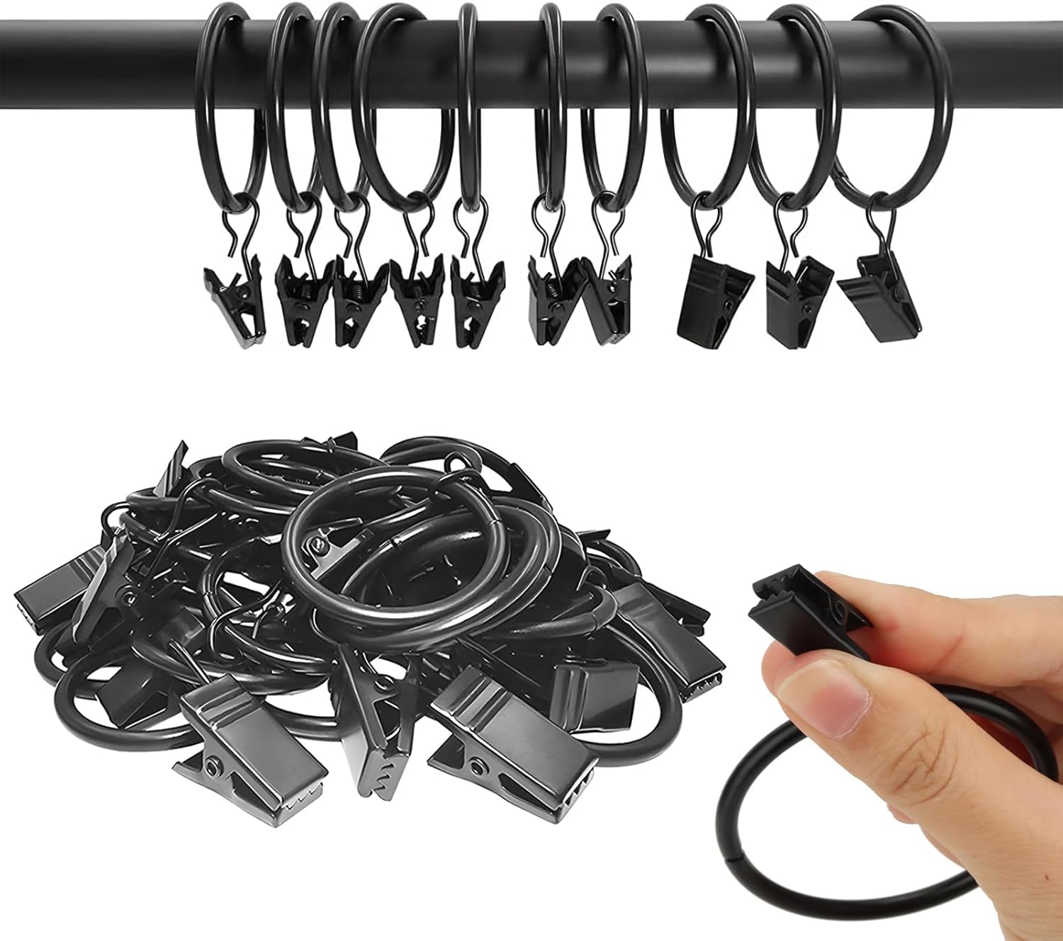 18 Pcs Curtain Rings with Clips, Drapes Rings 1.26 inch, Rustproof Metal Curtain Rings for Holding Curtains Rod Set and Drapes - Image 1