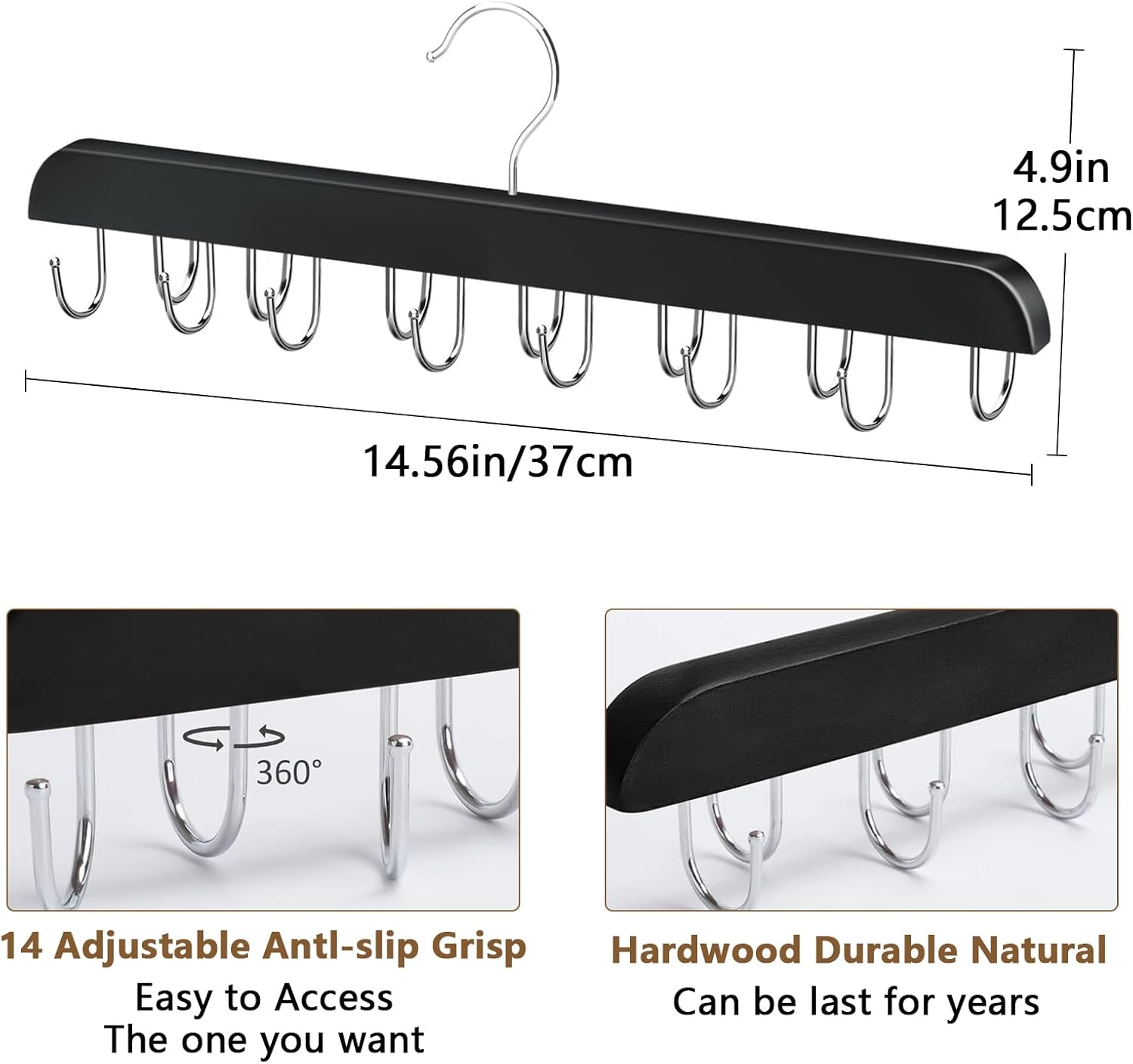 Belt Hanger Bra Hanger Tie Rack, Belt Organizer for Closet Accessories with 14 Hooks, Sturdy Wood for Closet Organizers and Storage - Image 2