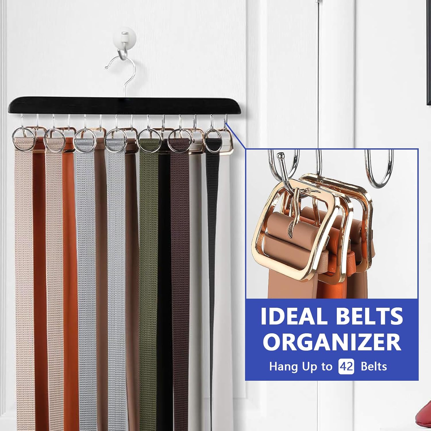 Belt Hanger Bra Hanger Tie Rack, Belt Organizer for Closet Accessories with 14 Hooks, Sturdy Wood for Closet Organizers and Storage - Image 3
