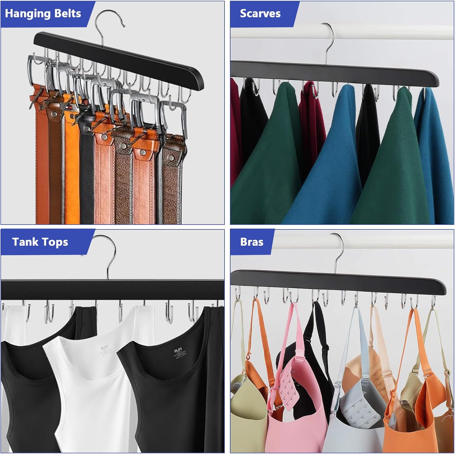 Belt Hanger Bra Hanger Tie Rack, Belt Organizer for Closet Accessories with 14 Hooks, Sturdy Wood for Closet Organizers and Storage - Image 6