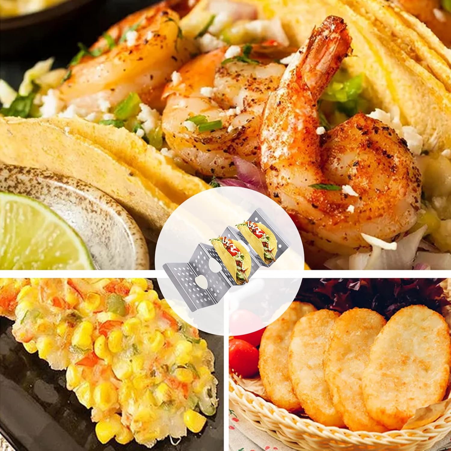 Taco Holders Taco Stand, 8 Packs Stainless Steel Taco Stand Rack Tray Hollow Corn Holders Can Hold 2 or 3 Shells Tacos - Image 4