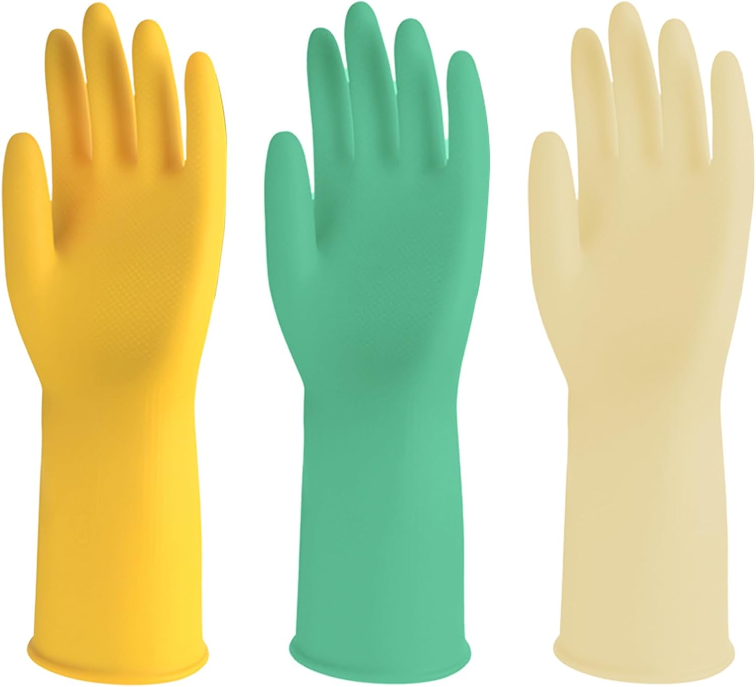 3 Pairs Rubber Cleaning Gloves for Household, Reusable Extra Thick Dishwashing Gloves Waterproof Non-Slip Gloves for Kitchen (Large, Beige+Yellow+Green） - Image 1