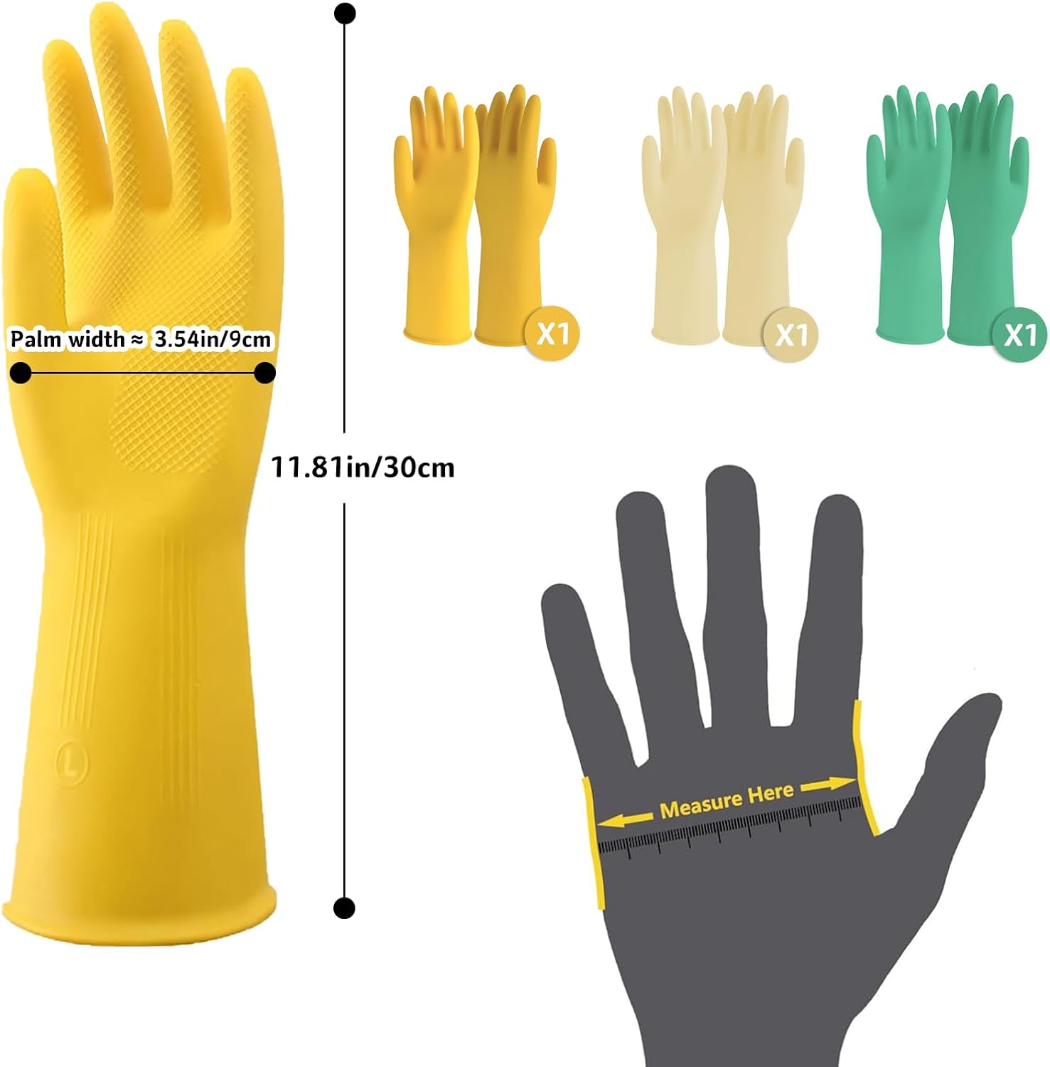 3 Pairs Rubber Cleaning Gloves for Household, Reusable Extra Thick Dishwashing Gloves Waterproof Non-Slip Gloves for Kitchen (Large, Beige+Yellow+Green） - Image 2