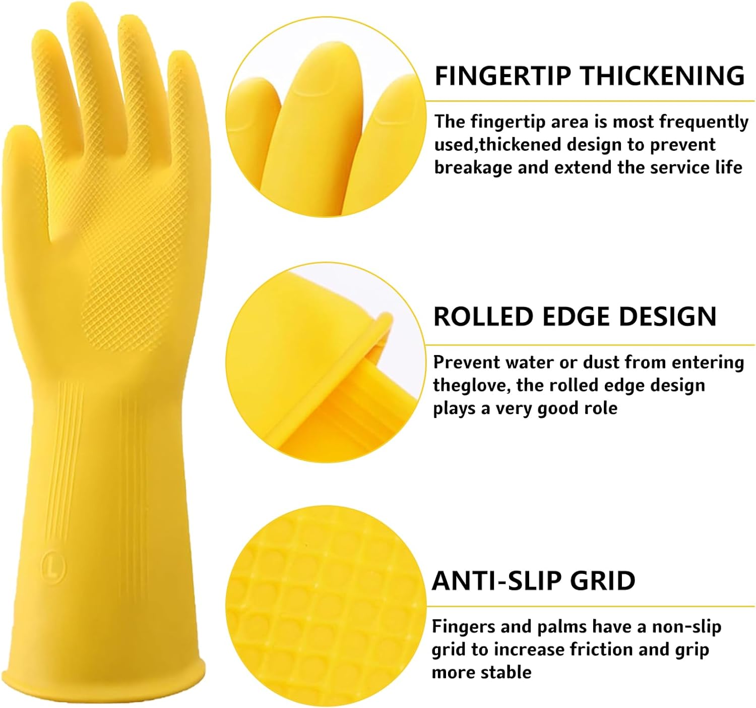 3 Pairs Rubber Cleaning Gloves for Household, Reusable Extra Thick Dishwashing Gloves Waterproof Non-Slip Gloves for Kitchen (Large, Beige+Yellow+Green） - Image 3