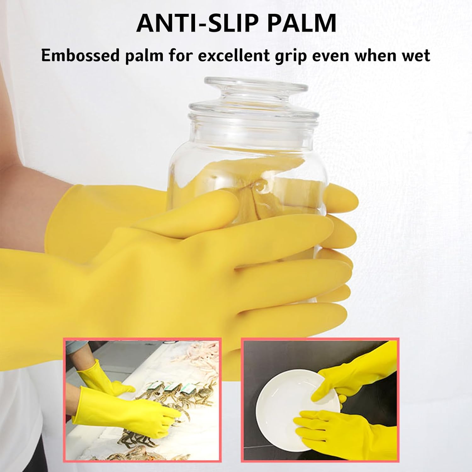 3 Pairs Rubber Cleaning Gloves for Household, Reusable Extra Thick Dishwashing Gloves Waterproof Non-Slip Gloves for Kitchen (Large, Beige+Yellow+Green） - Image 4