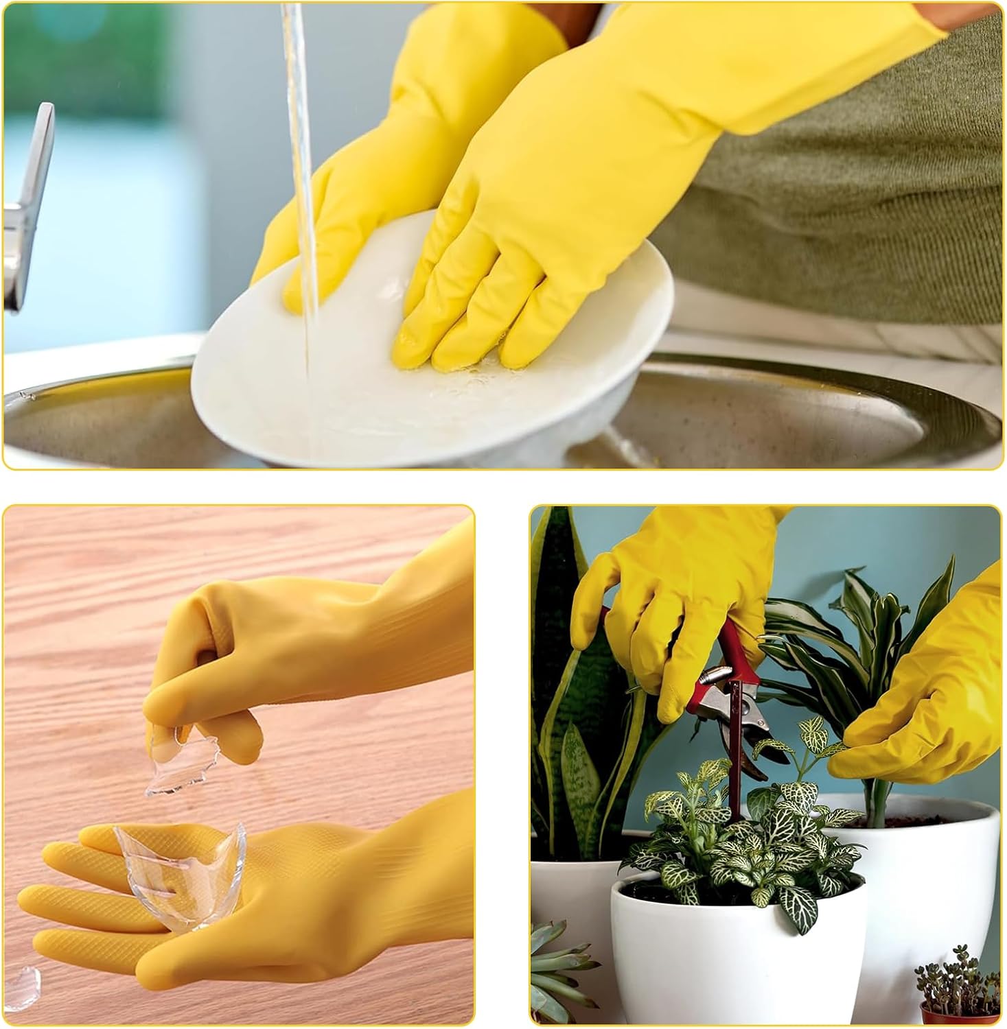 3 Pairs Rubber Cleaning Gloves for Household, Reusable Extra Thick Dishwashing Gloves Waterproof Non-Slip Gloves for Kitchen (Large, Beige+Yellow+Green） - Image 6