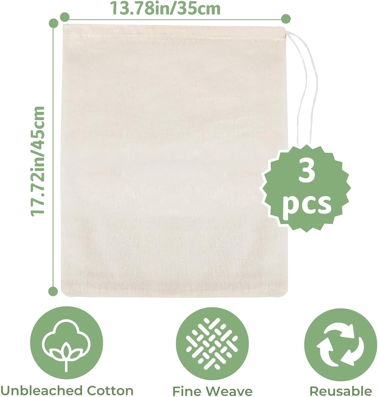 Nut Milk Bags, 3 Pack Cheesecloth Bags Filter, 13.78 x 17.72 in, Unbleached Cotton Muslin Cloth Bags for Cheese, Tea, Yogurt, Nut Milk, Juice, Wine, Coffee - Image 2