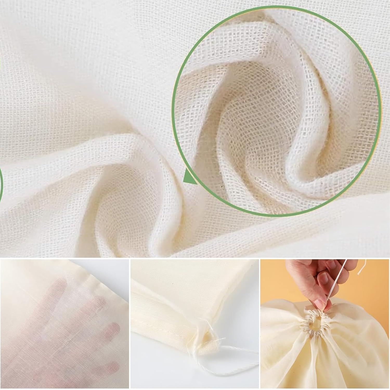 Nut Milk Bags, 3 Pack Cheesecloth Bags Filter, 13.78 x 17.72 in, Unbleached Cotton Muslin Cloth Bags for Cheese, Tea, Yogurt, Nut Milk, Juice, Wine, Coffee - Image 3