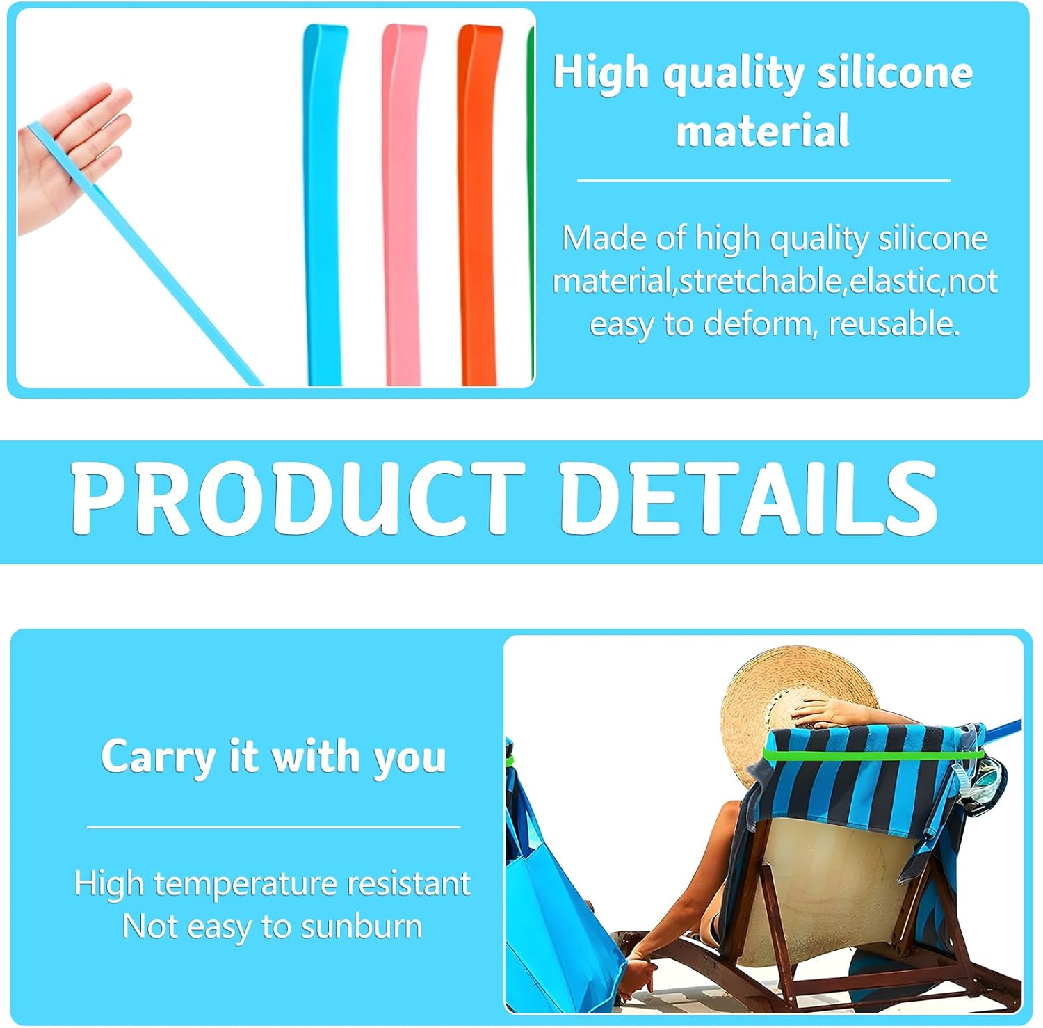Towel Bands (4 Pack), Stretch Silicone Beach Towel Clips for Beach Pool & Cruise Chairs, Summer Beach Trip Essentials - Image 3