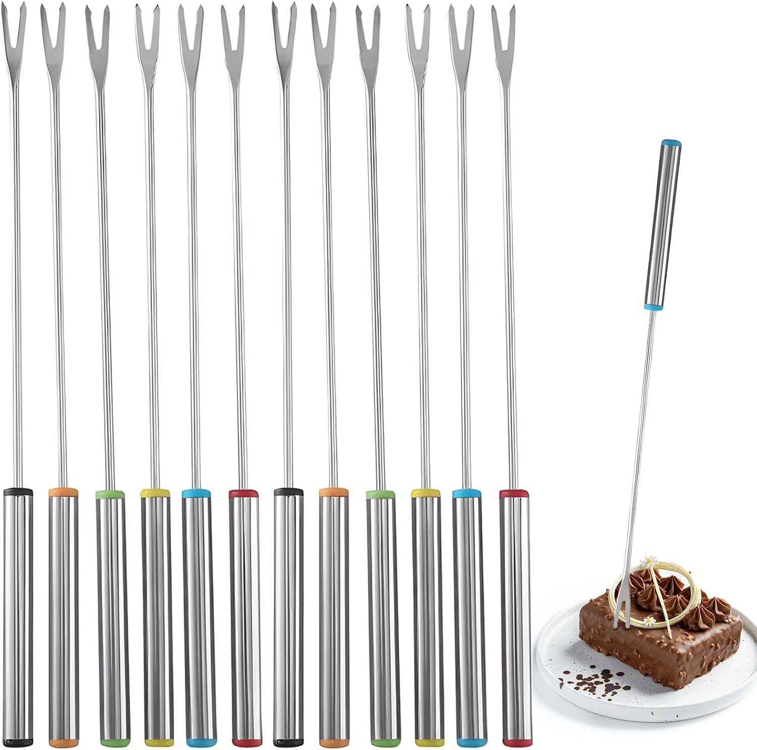 12 Pieces Fondue Forks, Stainless Steel Fondue Forks Roasting Sticks 24cm Fondue Skewers with Heat Resistant Handle for Cheese Chocolate Fondue Roast Marshmallows Meat - Image 1