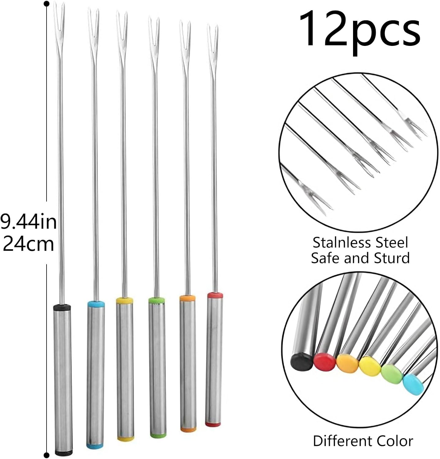 12 Pieces Fondue Forks, Stainless Steel Fondue Forks Roasting Sticks 24cm Fondue Skewers with Heat Resistant Handle for Cheese Chocolate Fondue Roast Marshmallows Meat - Image 2