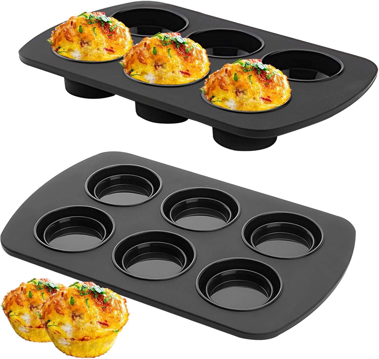 Foldable Silicone Muffin Pan, 6 Cups Non-Stick Cupcake Pans, BPA Free Silicone Baking Tray, Food Grade Egg Bites Mold for Making Egg Muffin, Cakes, Tart, Hamburger Bun, Bread (Black) - Image 1