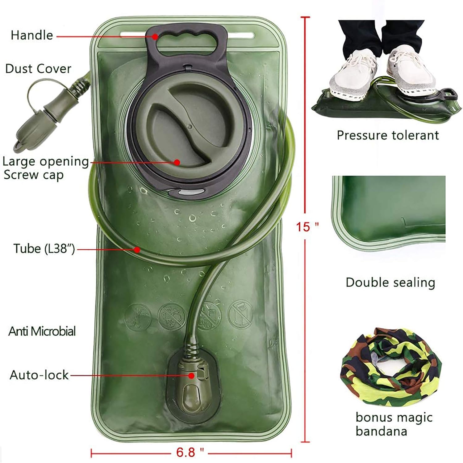Hydration Bladder, 2L Water Bladder for Hiking Backpack Leak Proof Water Reservoir Storage Bag, 2 Liter BPA-Free Water Pouch Hydration Pack Replacement for Camping Cycling Running, Military Green - Image 2