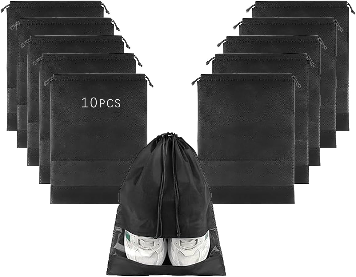 10-Pack Black Non-Woven Shoe Bags, 12.6