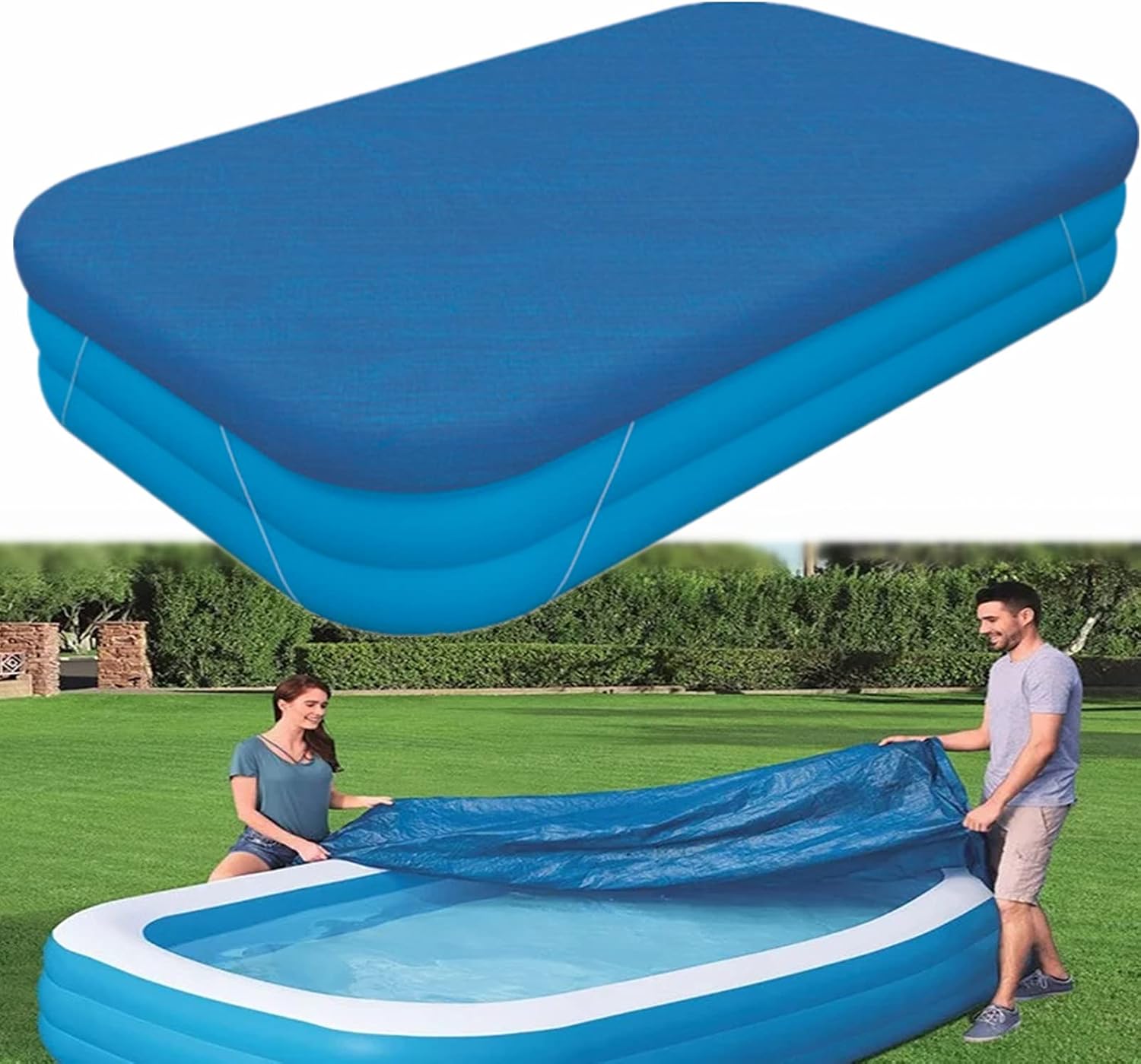 Rectangle Pool Cover,Pool Cover for Inflatable Pool,Rectangular Inflatable Swimming Pool Cover, 10ft X 6ft Dustproof Rainproof Waterproof Square Swimming Pool Cover,Family Pool Cover (Blue) - Image 1
