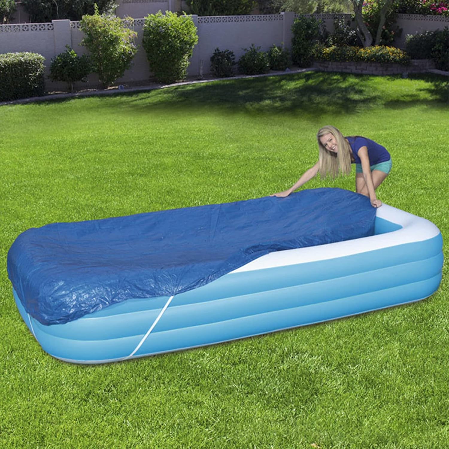 Rectangle Pool Cover,Pool Cover for Inflatable Pool,Rectangular Inflatable Swimming Pool Cover, 10ft X 6ft Dustproof Rainproof Waterproof Square Swimming Pool Cover,Family Pool Cover (Blue) - Image 3