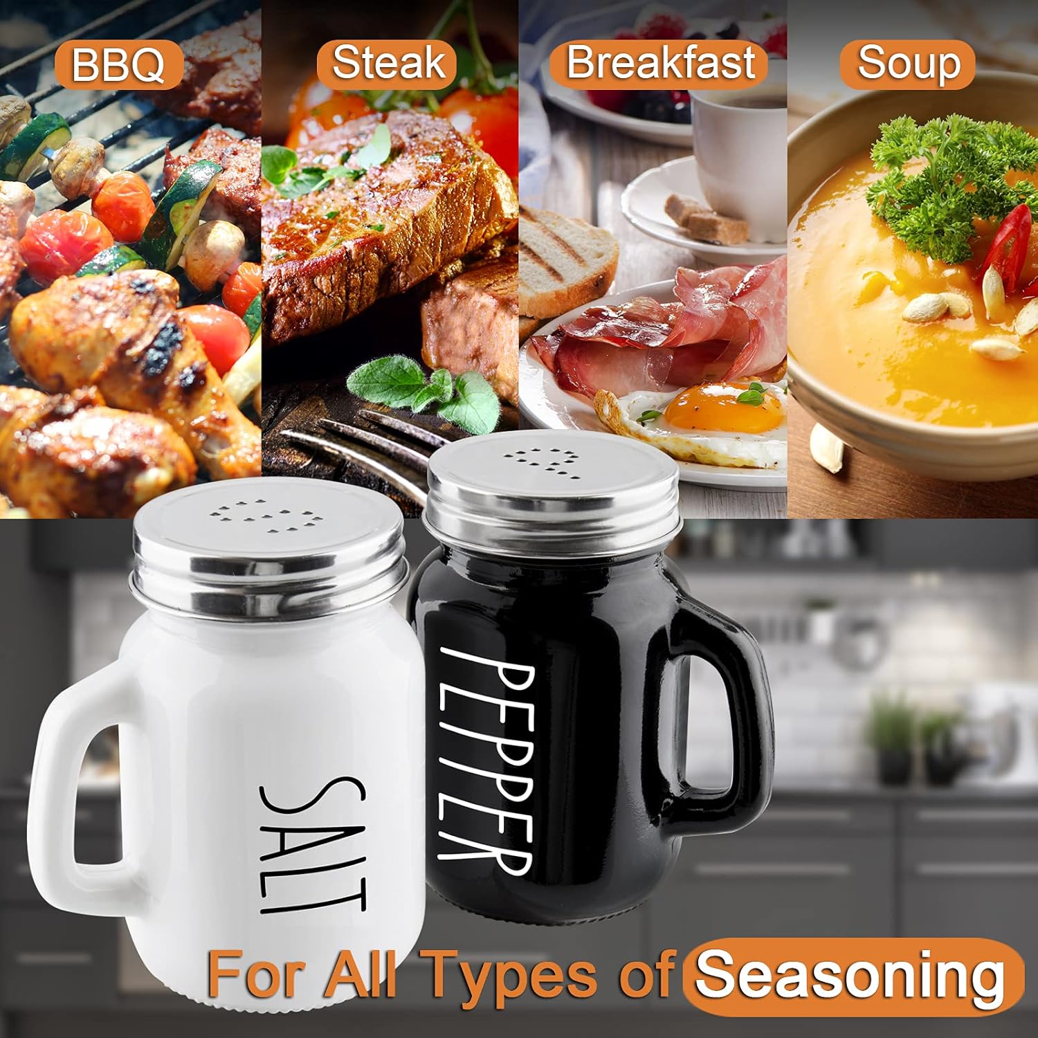 Salt and Pepper Shakers Set,  4 oz Cute Salt Pepper Shaker, Kitchen Decor for Home Restaurants Wedding, Glass Black White Shaker Sets with Stainless Steel Lids - Image 5