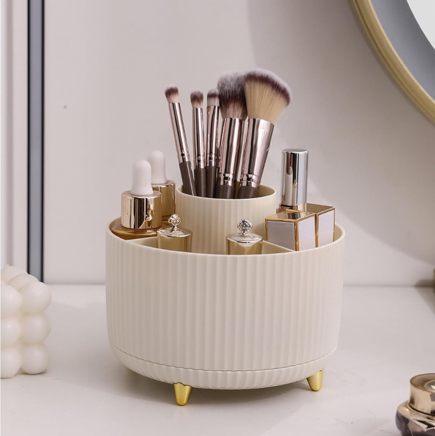 Makeup Brush Holder Organizer,360° Rotating Make up Organizer Storage,5 Slot Makeup Brushes Cup,for Vanity Decor,Bathroom Countertops,Desk Storage Container,Cosmetic Display Cases - Image 1