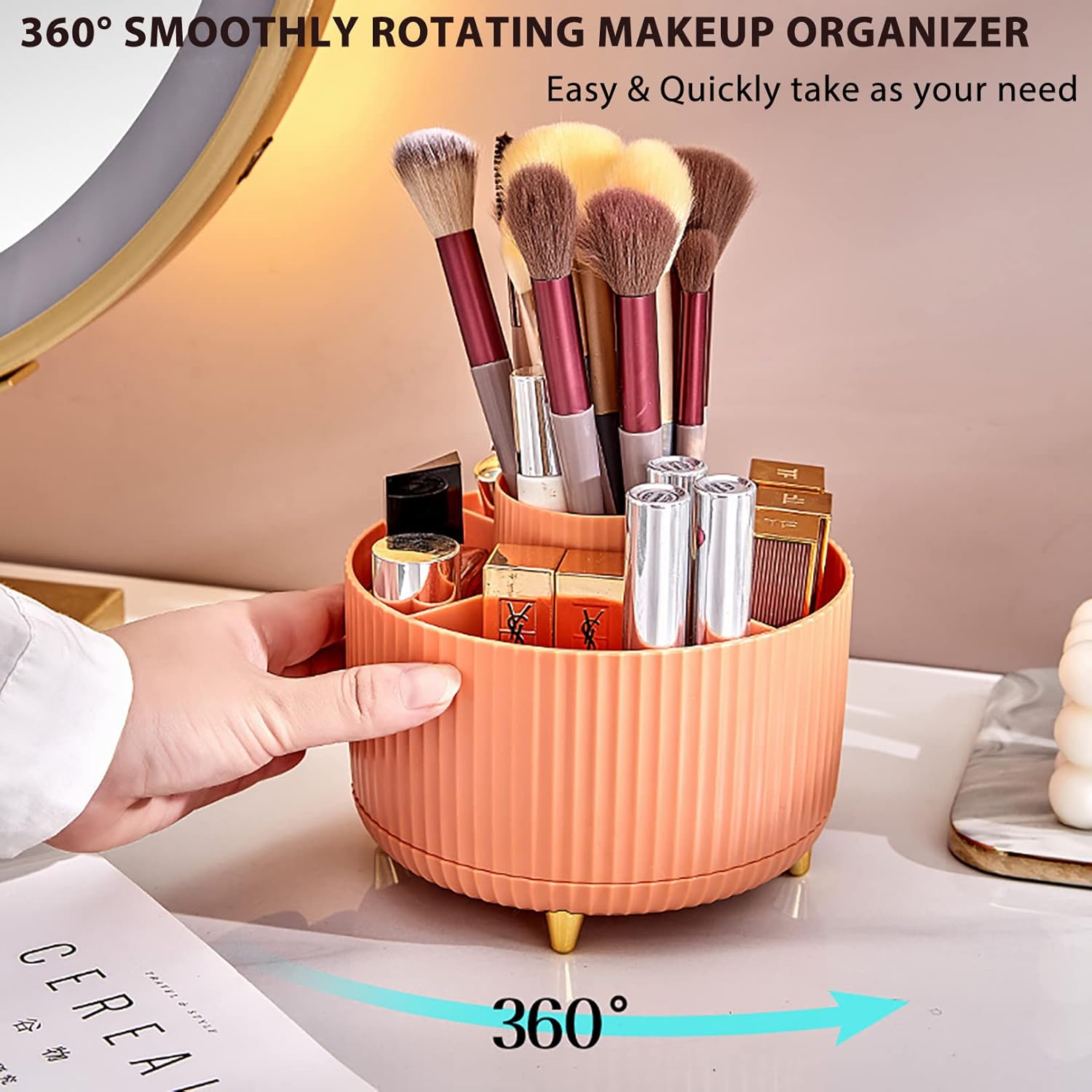 Makeup Brush Holder Organizer,360° Rotating Make up Organizer Storage,5 Slot Makeup Brushes Cup,for Vanity Decor,Bathroom Countertops,Desk Storage Container,Cosmetic Display Cases - Image 2