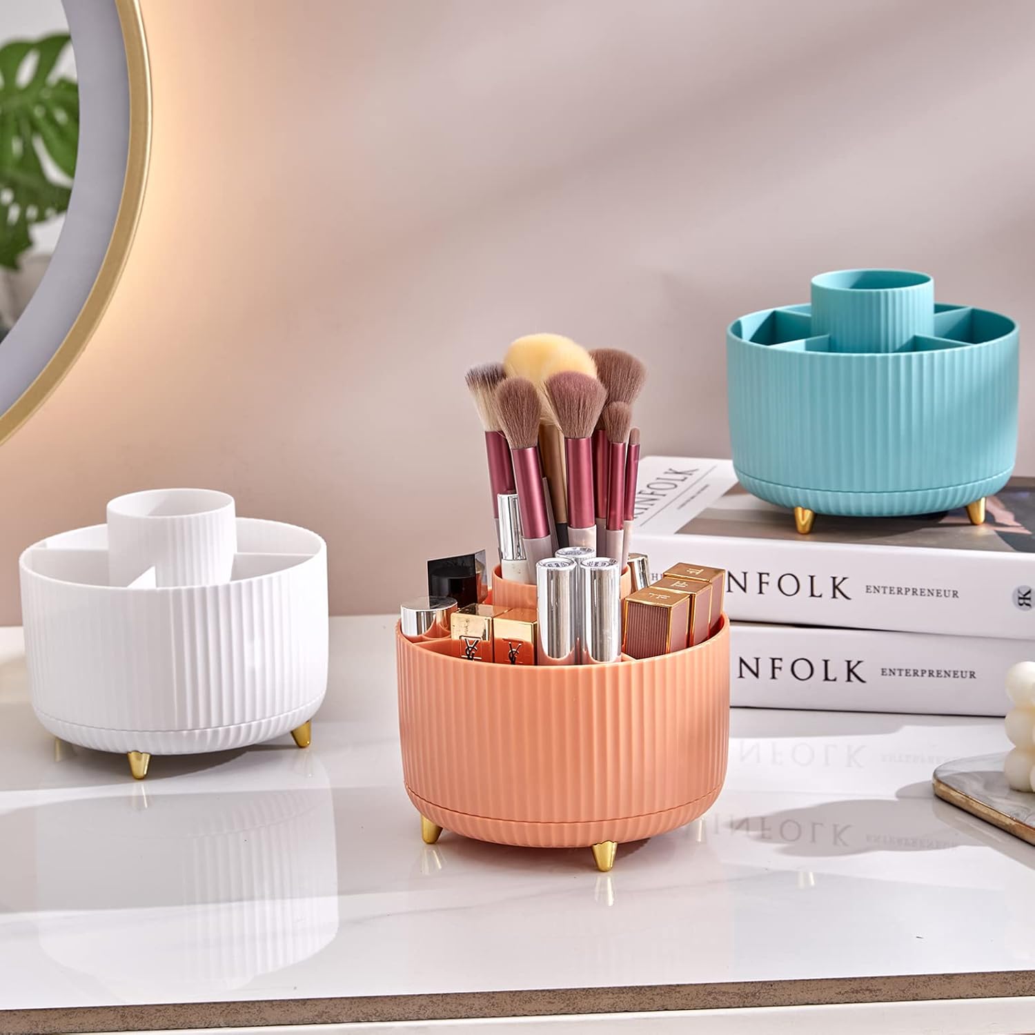 Makeup Brush Holder Organizer,360° Rotating Make up Organizer Storage,5 Slot Makeup Brushes Cup,for Vanity Decor,Bathroom Countertops,Desk Storage Container,Cosmetic Display Cases - Image 3