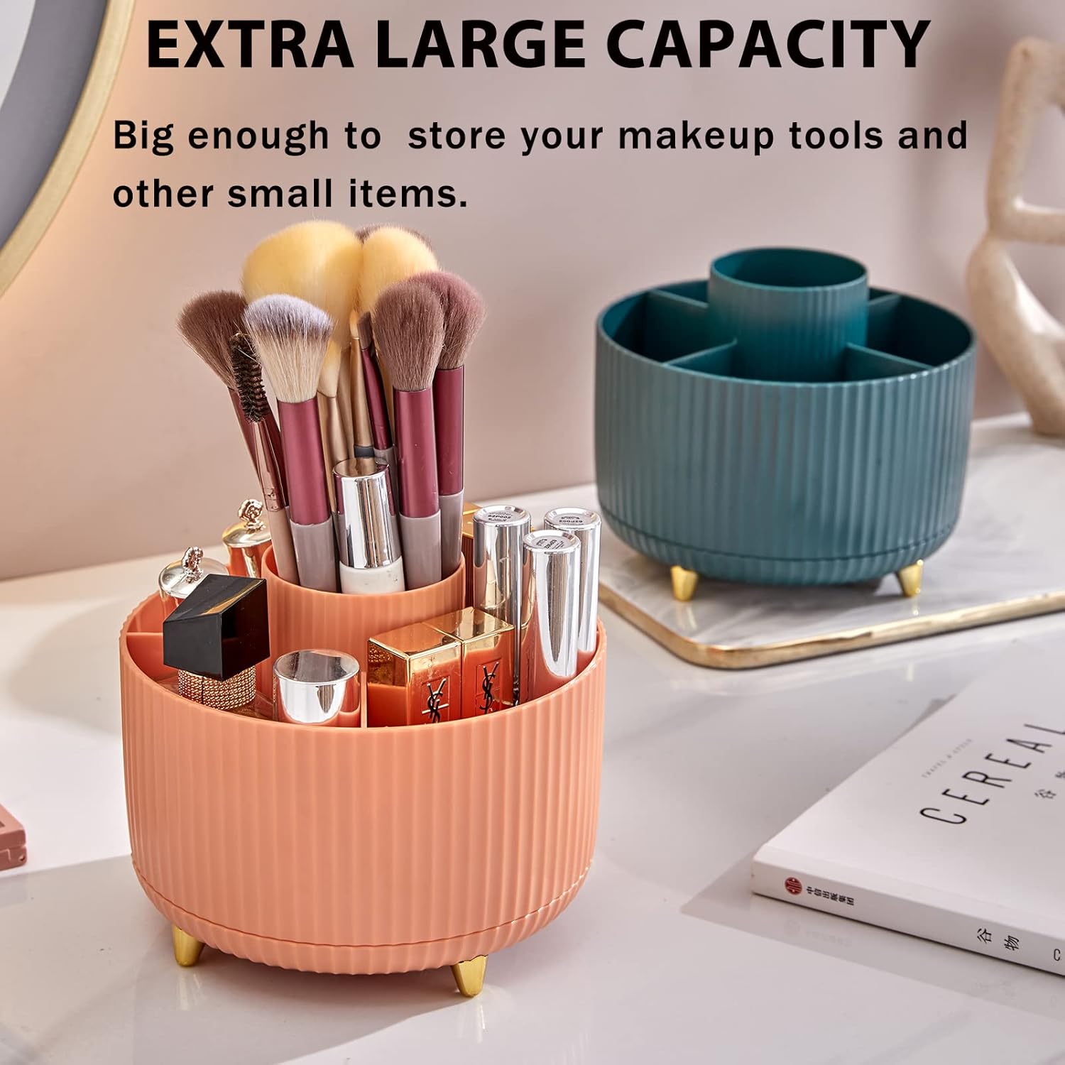 Makeup Brush Holder Organizer,360° Rotating Make up Organizer Storage,5 Slot Makeup Brushes Cup,for Vanity Decor,Bathroom Countertops,Desk Storage Container,Cosmetic Display Cases - Image 4