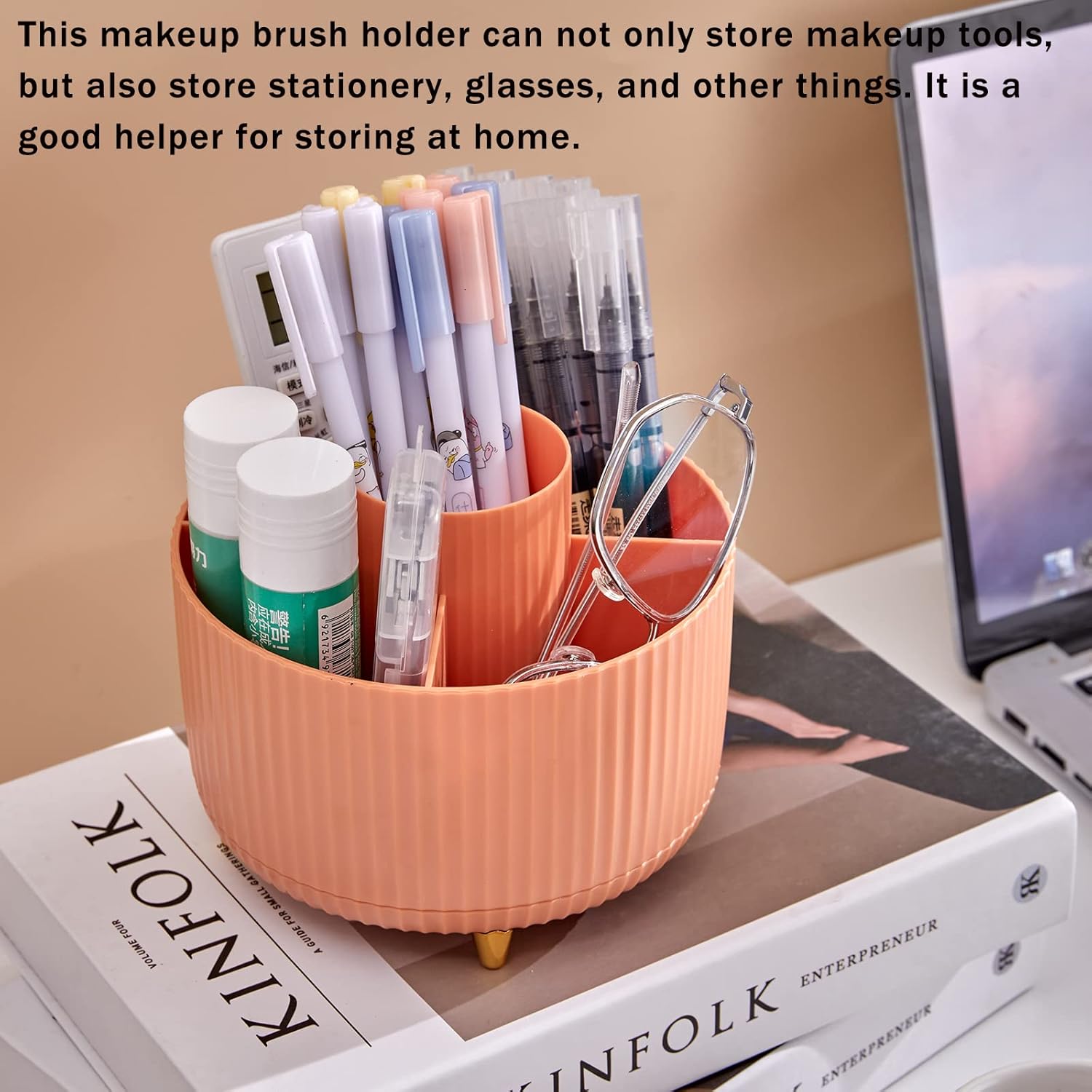 Makeup Brush Holder Organizer,360° Rotating Make up Organizer Storage,5 Slot Makeup Brushes Cup,for Vanity Decor,Bathroom Countertops,Desk Storage Container,Cosmetic Display Cases - Image 5
