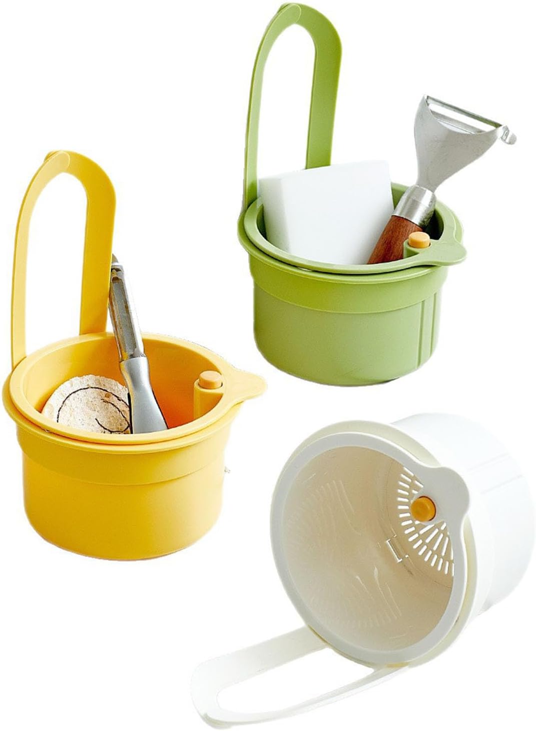 Kitchen Sink Strainer Basket, Self Cleaning Sink Food Waste Catcher, Faucet Hanging, Press Automatic Dumping Kitchen Draining Basket, Waste Rack Trash Catcher for Leftovers (Green+White+Yellow) - Image 1