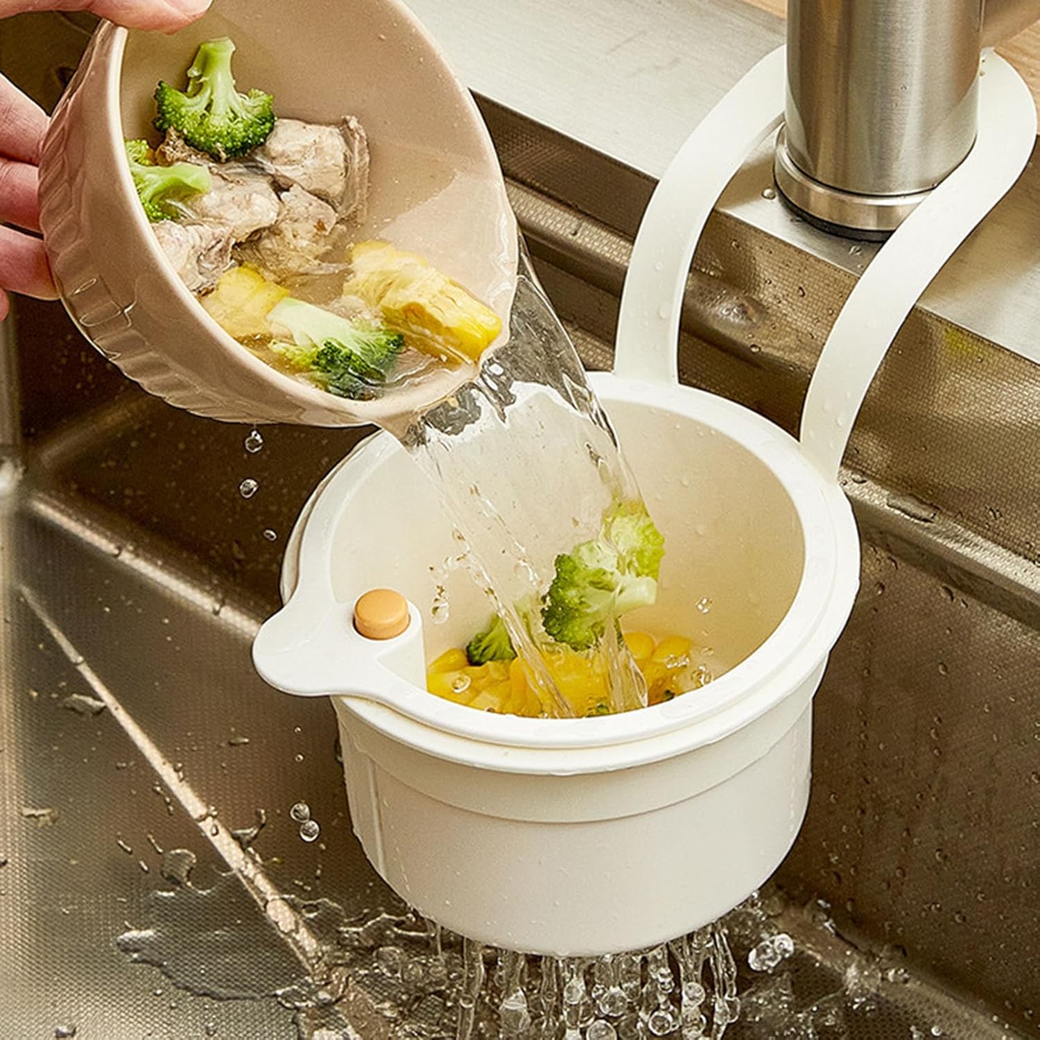 Kitchen Sink Strainer Basket, Self Cleaning Sink Food Waste Catcher, Faucet Hanging, Press Automatic Dumping Kitchen Draining Basket, Waste Rack Trash Catcher for Leftovers (Green+White+Yellow) - Image 2