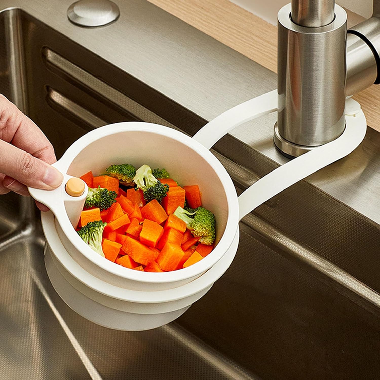 Kitchen Sink Strainer Basket, Self Cleaning Sink Food Waste Catcher, Faucet Hanging, Press Automatic Dumping Kitchen Draining Basket, Waste Rack Trash Catcher for Leftovers (Green+White+Yellow) - Image 3