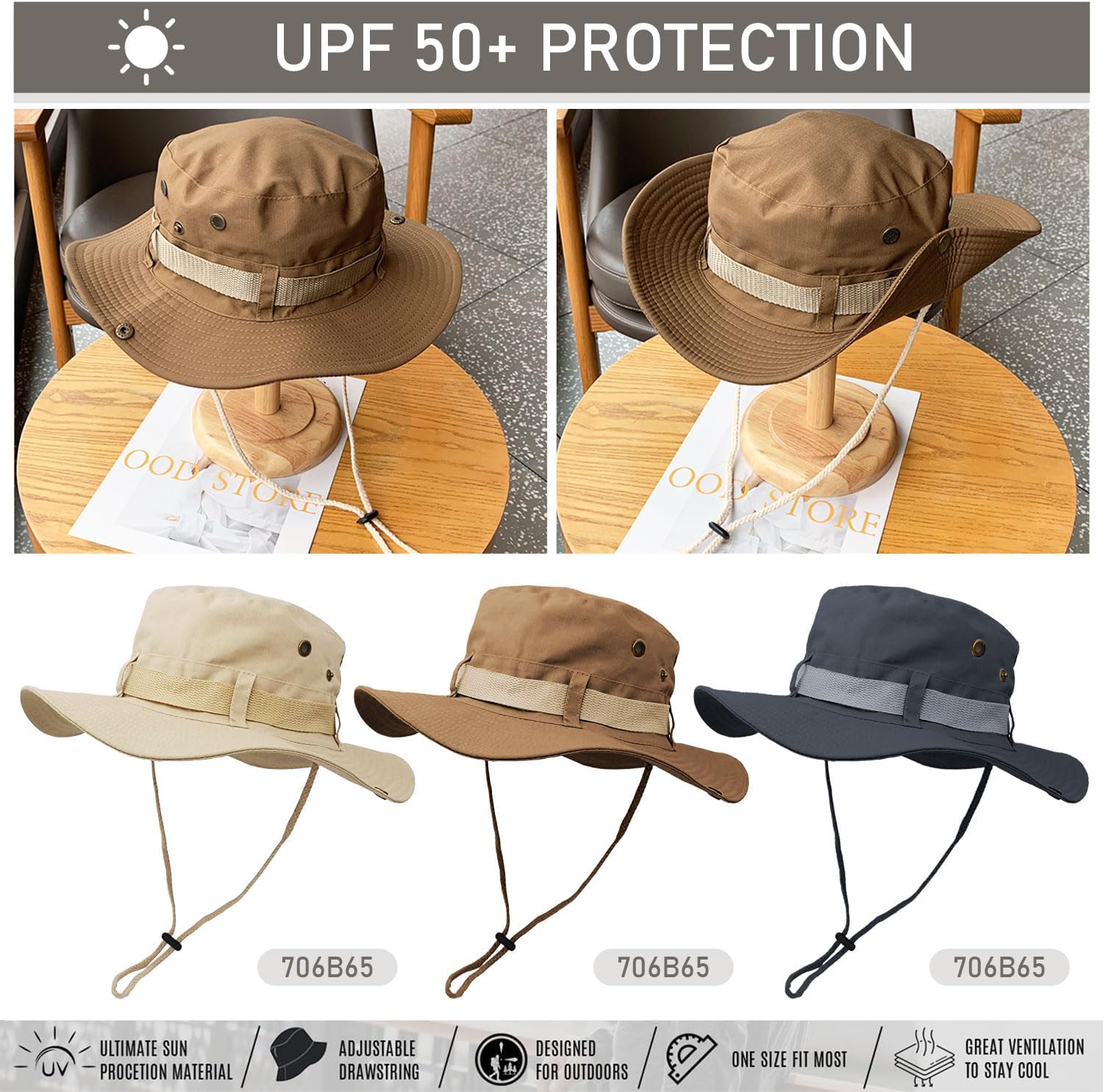 Fishing Hat, Wide Brim Breathable Sun Boonie Hat Safari Hiking Hats Beach Bucket Cap for Men Women - Image 5