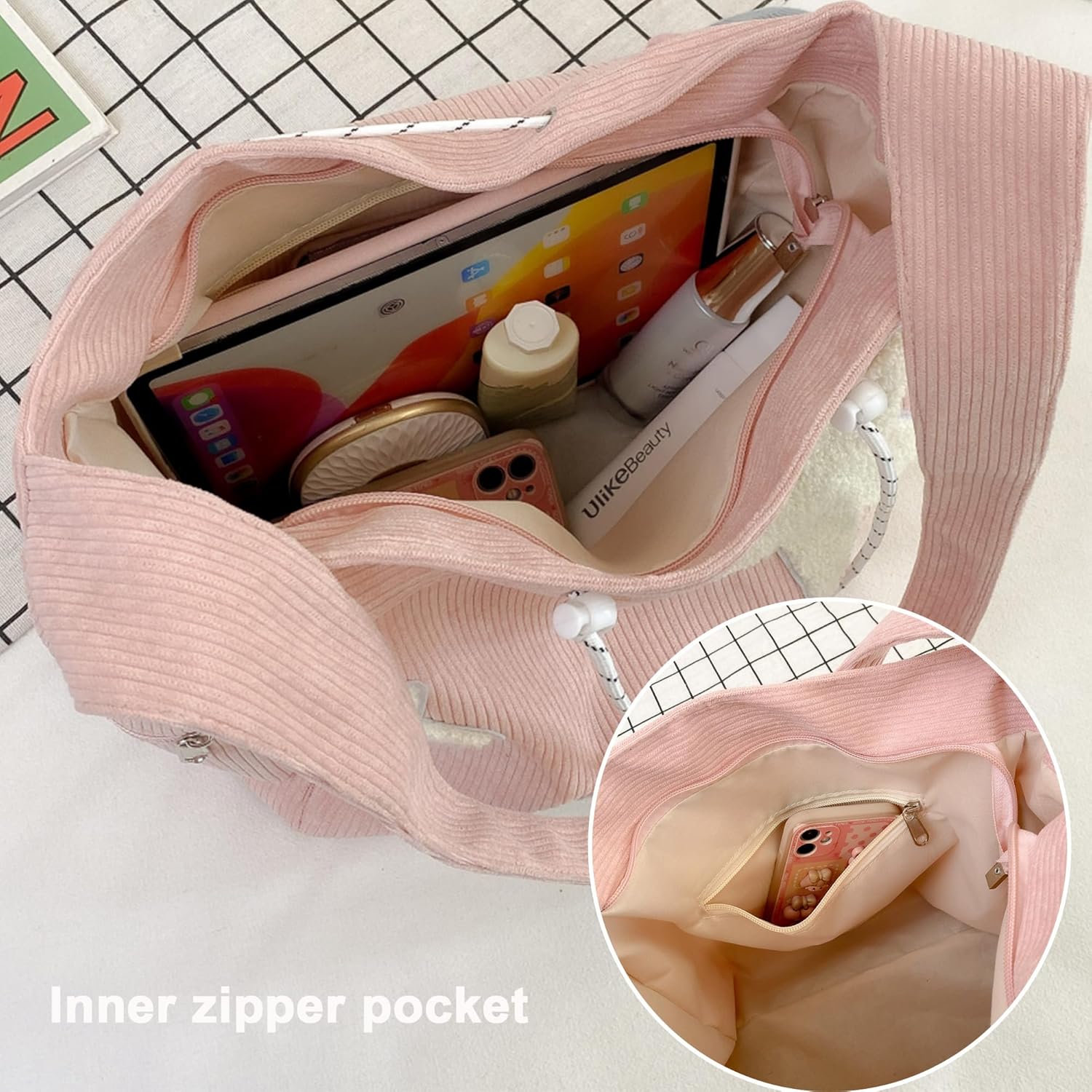 Y2K Corduroy Shoulder Bag Women, Cute Tote Bag Large Crossbody Bag for School Office Work Travel Shopping - Image 4