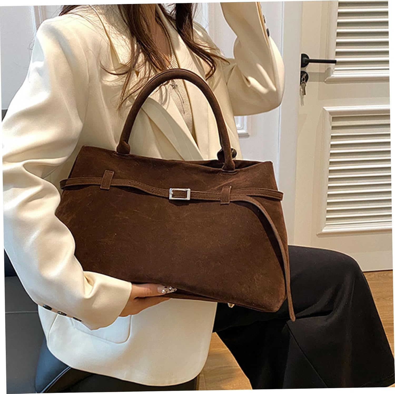 Suede Tote Bag Women Retro Dark Brown Faux Leather Tote Bag Slouchy Suede Bag with Handle Large Capacity Tote Bags for Daily Work Travel Shopping - Image 2